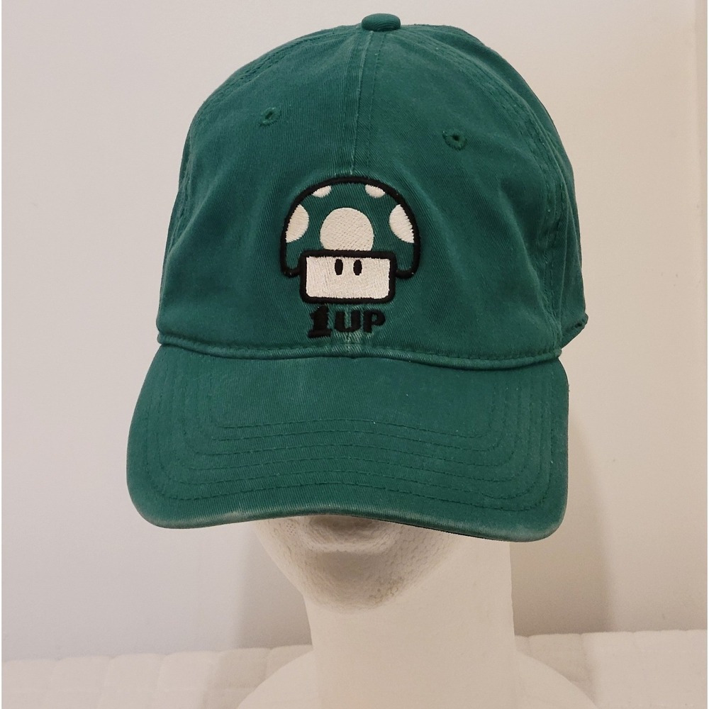 Y2K 2005 Nintendo Super Mario 1Up Mushroom Green Hat Stretch Fit Cap Retro Gamer